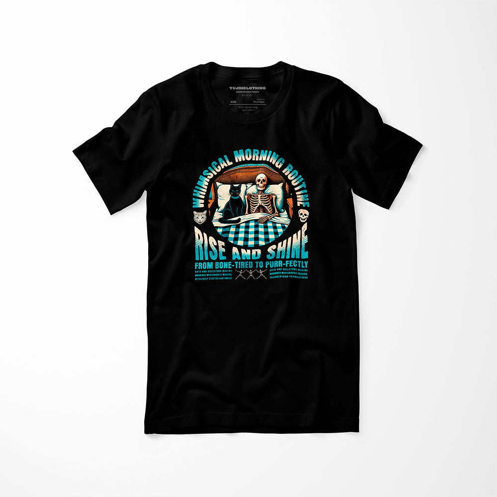 Yūjin Clothing Good Morning Cat T-Shirt featuring a playful cat graphic on a comfortable casual tee.