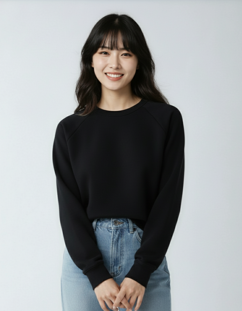 Black fleece crew neck sweatshirt for women by SpectraUSA, featuring a comfortable fit and classic design.