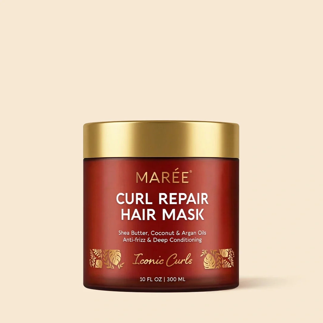Maree Curl Repair Hair Mask in a jar, with creamy texture and natural ingredients for restoring curly hair.