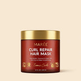 Maree Curl Repair Hair Mask in a jar, with creamy texture and natural ingredients for restoring curly hair.