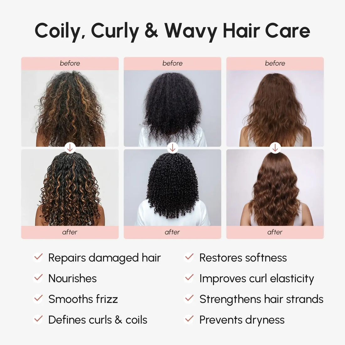 Maree Curl Repair Hair Mask in a jar, showing smooth, curly hair with the product container in the background.