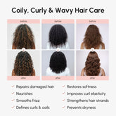 Maree Curl Repair Hair Mask in a jar, showing smooth, curly hair with the product container in the background.