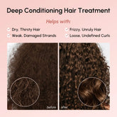 Maree Curl Repair Hair Mask in a jar, showing creamy texture and curly hair before application for damaged curl restoration.