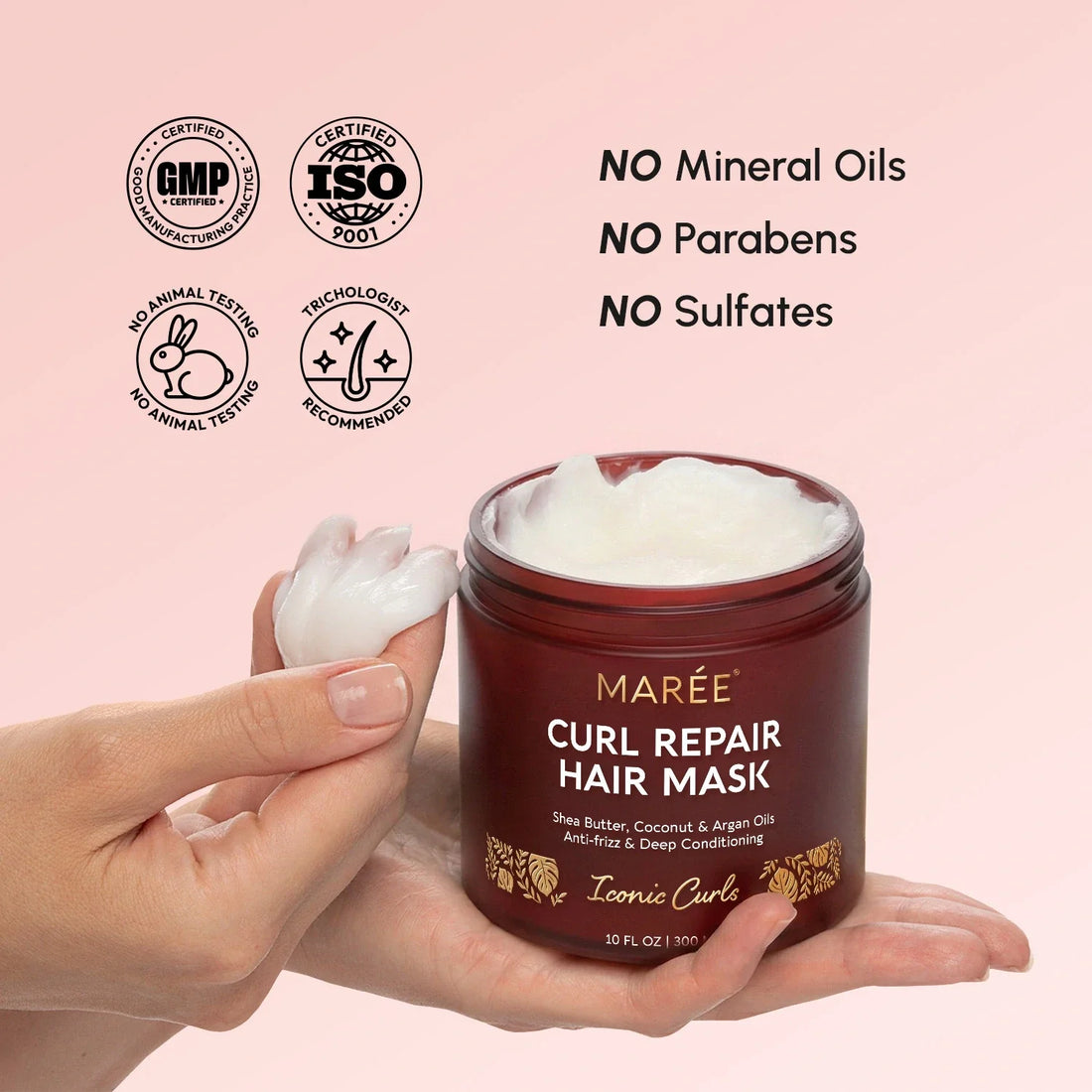 Creamy Maree Curl Repair Hair Mask in a jar, designed to hydrate and revitalize curly hair with nourishing ingredients.