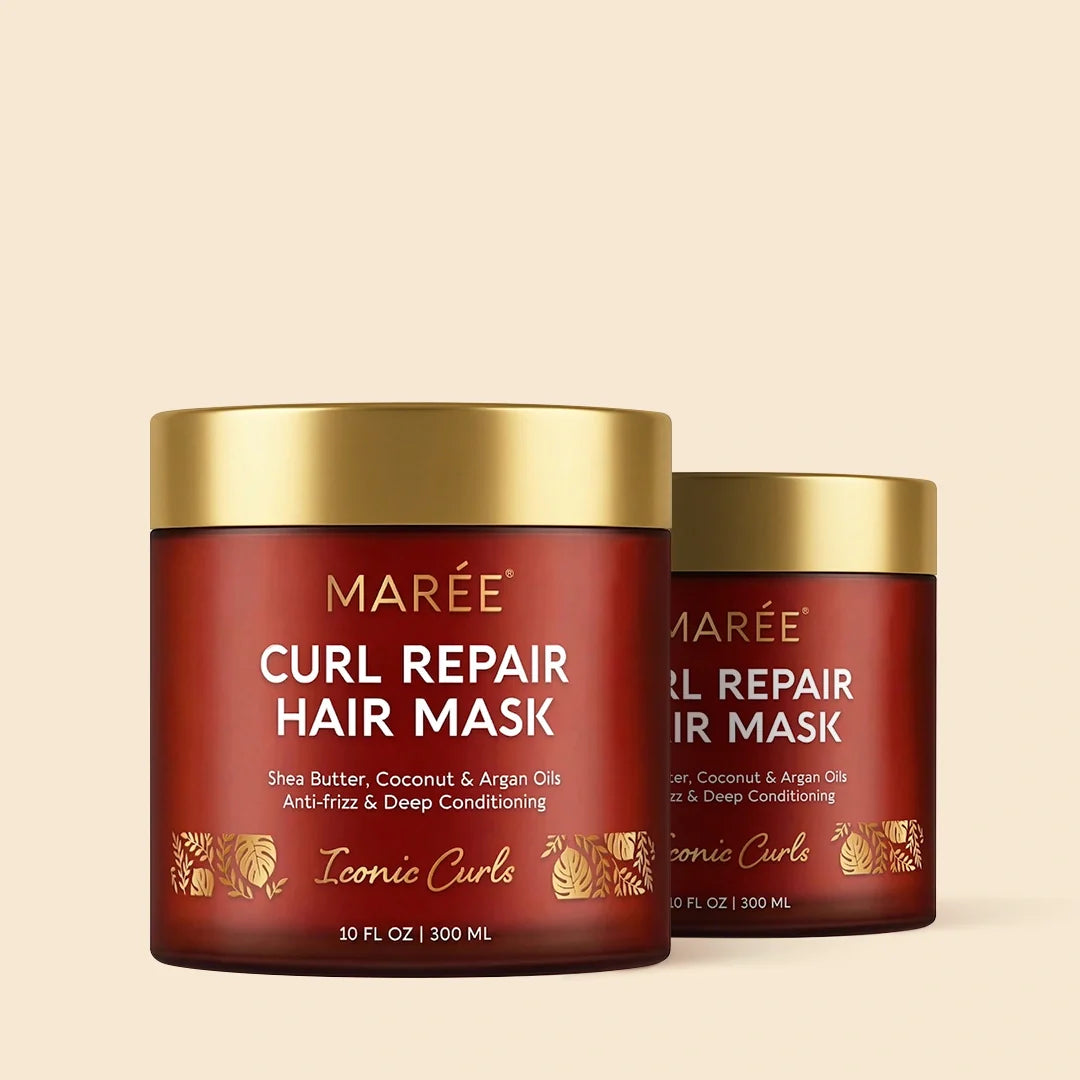 Maree Curl Repair Hair Mask jar with lid, showing the nourishing treatment for curly hair on a white background.