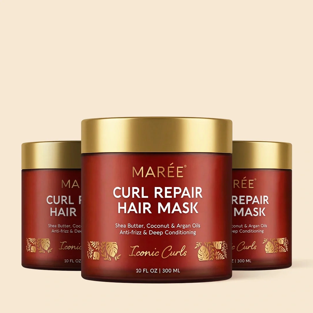 Maree Curl Repair Hair Mask in a jar, creamy hair treatment for restoring and nourishing curly hair, with a smooth texture and natural finish.