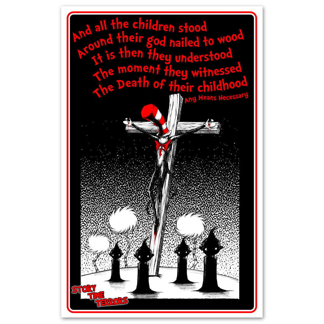 Colorful poster titled "Death of Childhood" by Any Means Necessary Clothing, featuring vivid street art-inspired design on 11x17 inch paper.