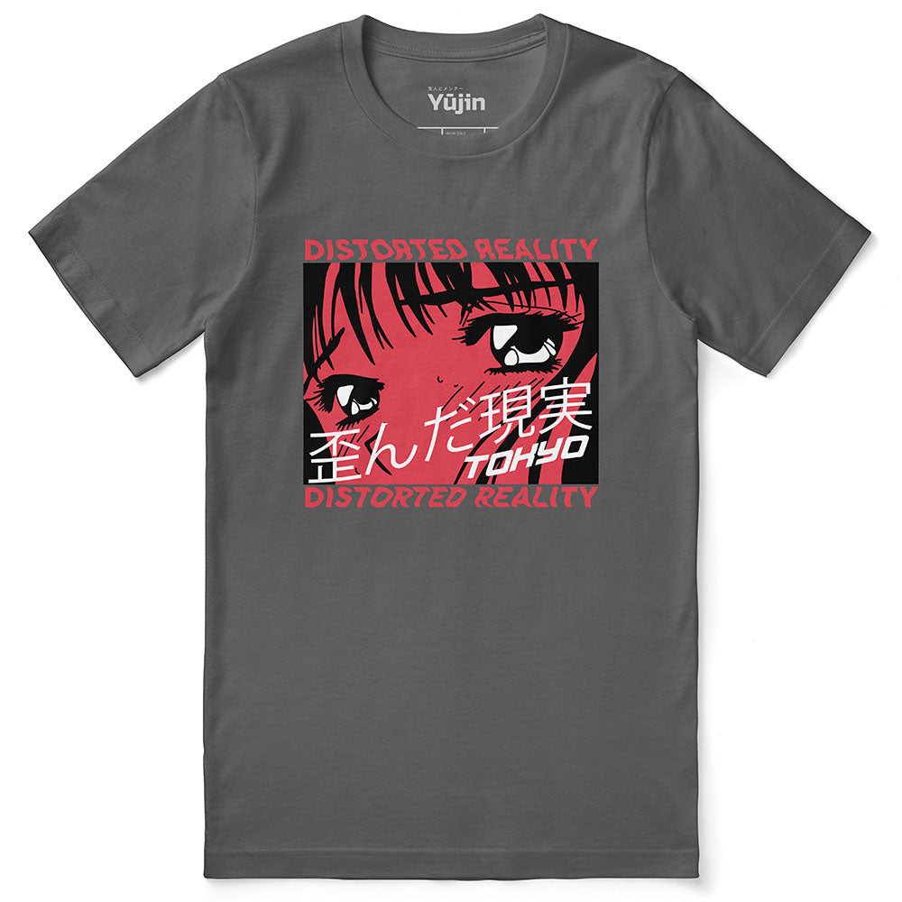 Distorted Reality T-Shirt by Yūjin Clothing featuring a unique abstract, colorful design on a casual, comfortable T-shirt.