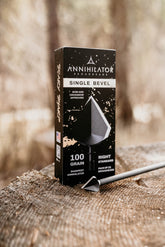 Annihilator Broadheads Single Bevel 100 broadhead with sharp blades for hunting, shown in a close-up image.