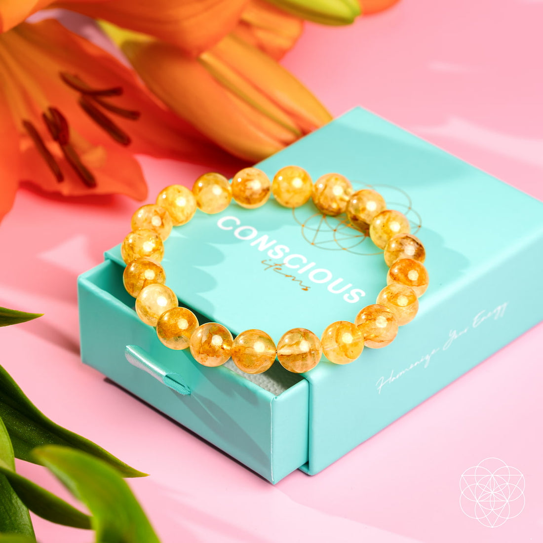 Golden Healer Quartz bracelet by Conscious Items featuring polished golden healing quartz stones on a stretchy band.