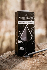 Annihilator Broadheads Double Bevel 100 broadheads with sharp blades for precision hunting, shown in close-up.