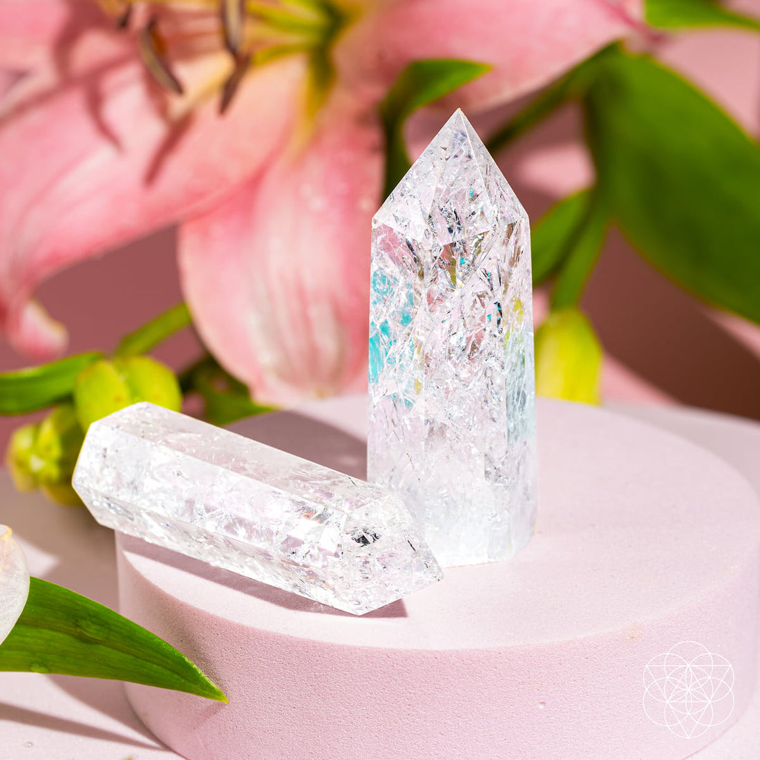 Ice Quartz Point home decoration by Conscious Items, showcasing a clear, polished crystal with natural facets for positive energy.