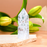 Ice Quartz point home decor by Conscious Items, natural crystal with clear, icy appearance for positive energy and stylish display.