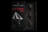 Annihilator Broadheads KATANA 125 broadheads shown on a white background with sharp blades and sleek design for hunting.