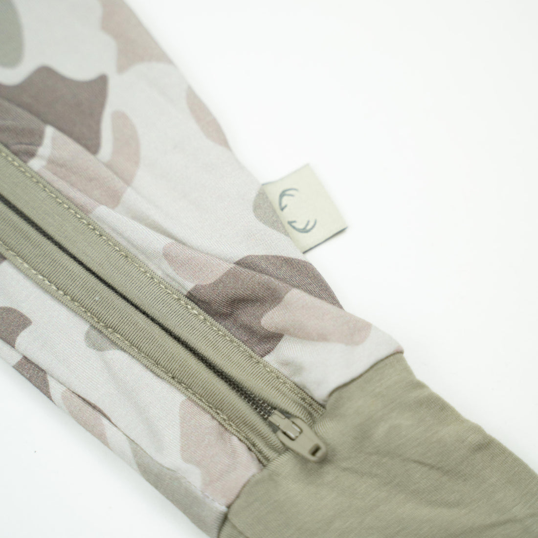Baby zippy in Button Buck Camo pattern from Bow Crew Apparel, featuring a comfortable zip-up design with camo print for outdoor style.