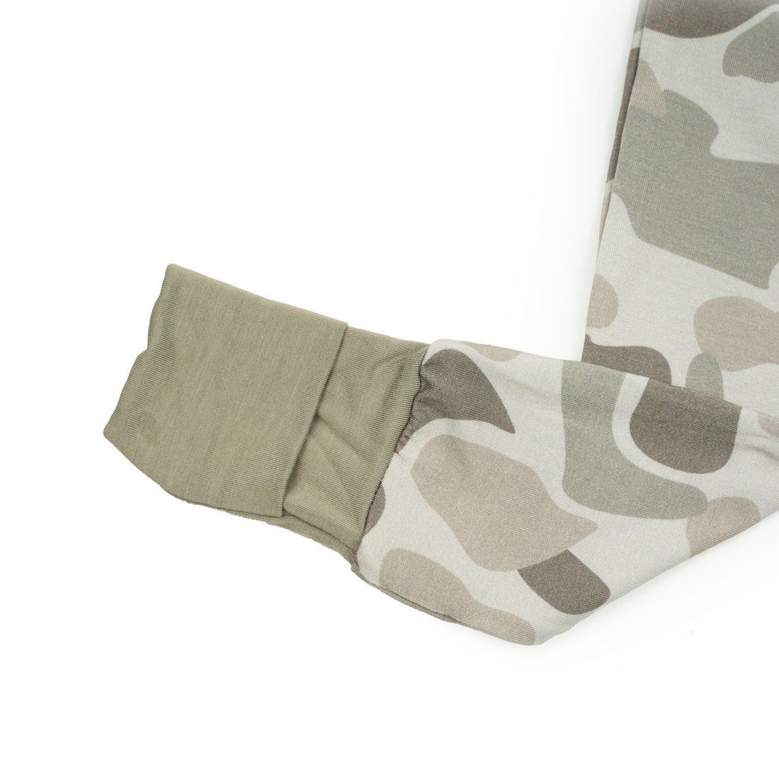 Baby zippy in Button Buck Camo pattern by Bow Crew Apparel, featuring a cozy, camouflage design for outdoor-loving little ones.