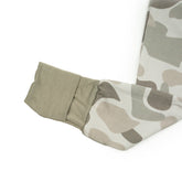 Baby zippy in Button Buck Camo pattern by Bow Crew Apparel, featuring a cozy, camouflage design for outdoor-loving little ones.