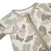 Baby zippy jumpsuit with button buck camo pattern from Bow Crew Apparel, featuring a cozy, camouflage design for infants.