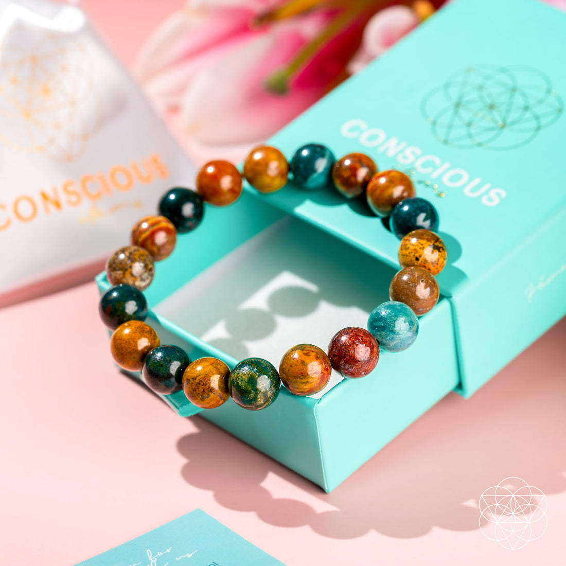 Ocean Jasper bracelet from Conscious Items, featuring round polished stones arranged on an elastic cord for a calming wrist accessory.