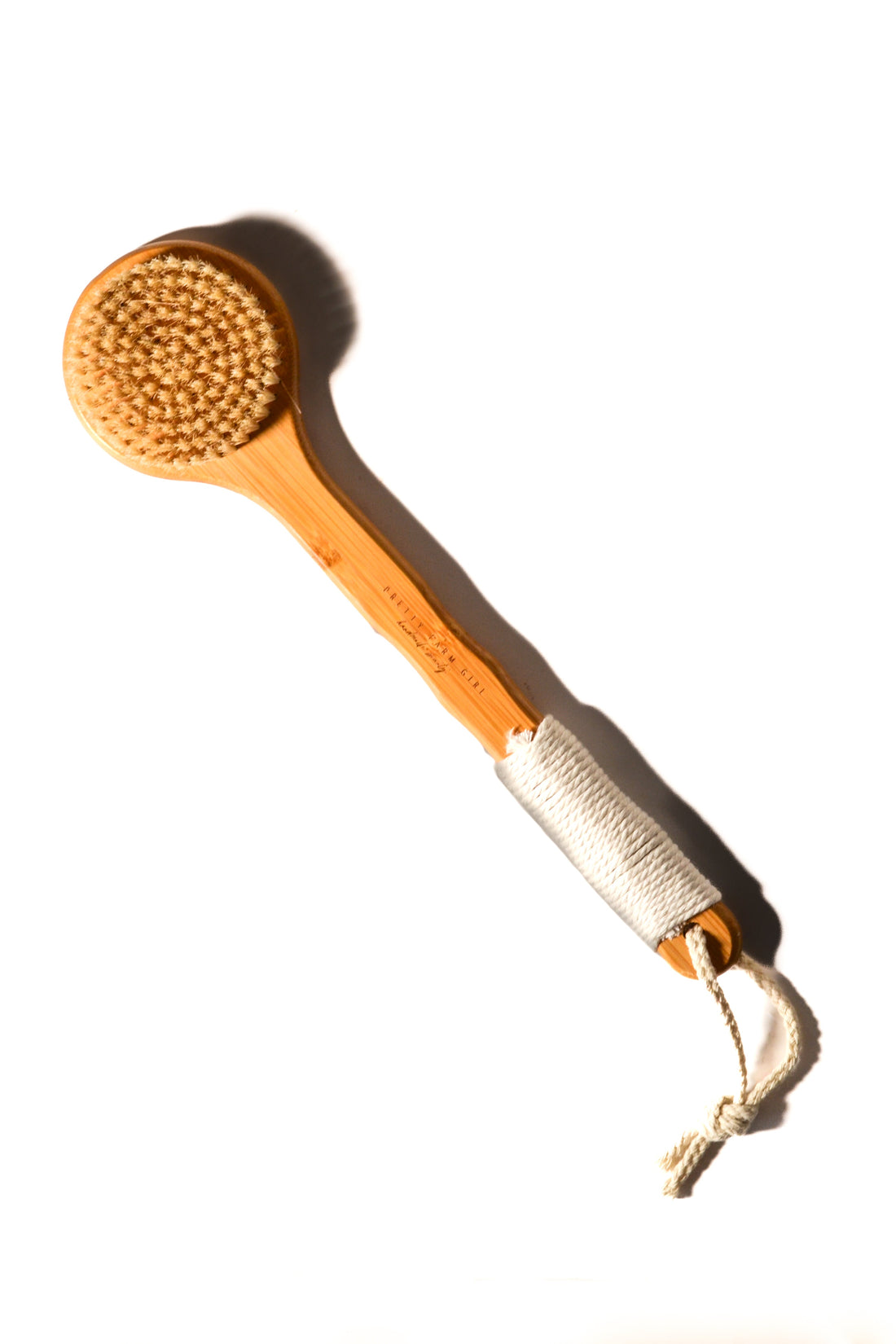 Bamboo exfoliating dry brush with sisal bristles, Pretty Farm Girl accessories for skincare and exfoliation.