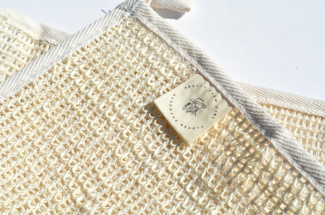 Sisal exfoliating wash cloth from Pretty Farm Girl, showing textured surface for gentle skin exfoliation.