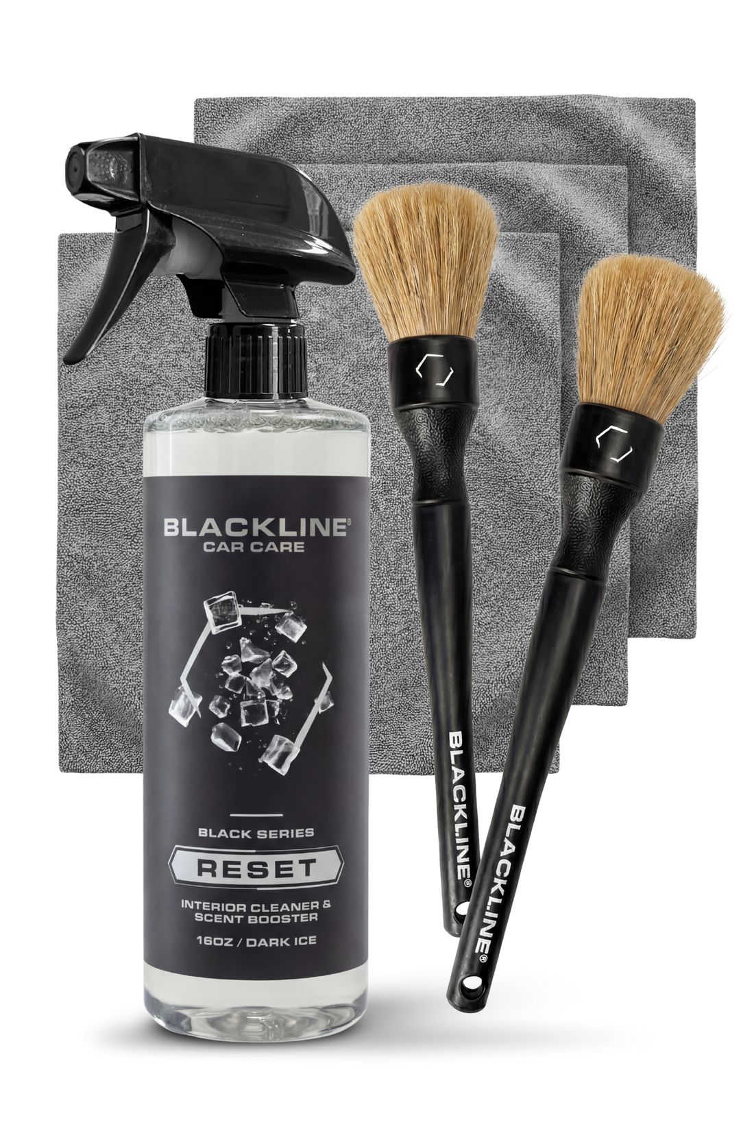 Blackline Car Care BLACKLINE® Reset interior cleaner and scent booster in a sleek dark ice scent, shown with complete system components.