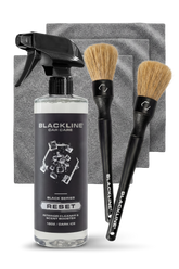 Blackline Car Care BLACKLINE® Reset interior cleaner and scent booster in a sleek dark ice scent, shown with complete system components.