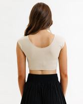 Downeast Demi Tee in nude color, close-up of soft cotton fabric and casual neckline, showcasing comfortable everyday t-shirt style.
