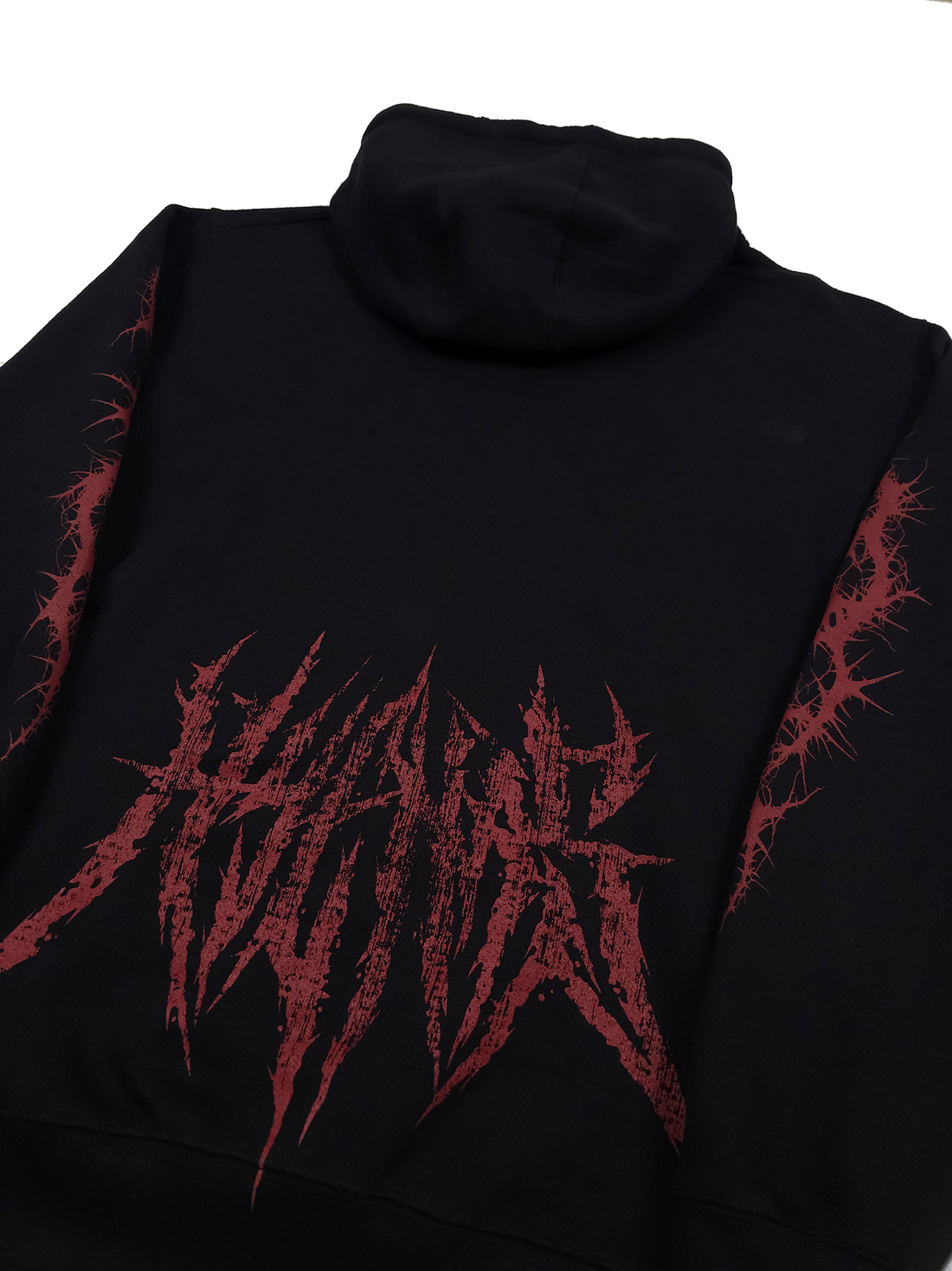 Black Demise hoodie by Any Means Necessary Clothing, showing the front view with a relaxed fit and subtle branding details.