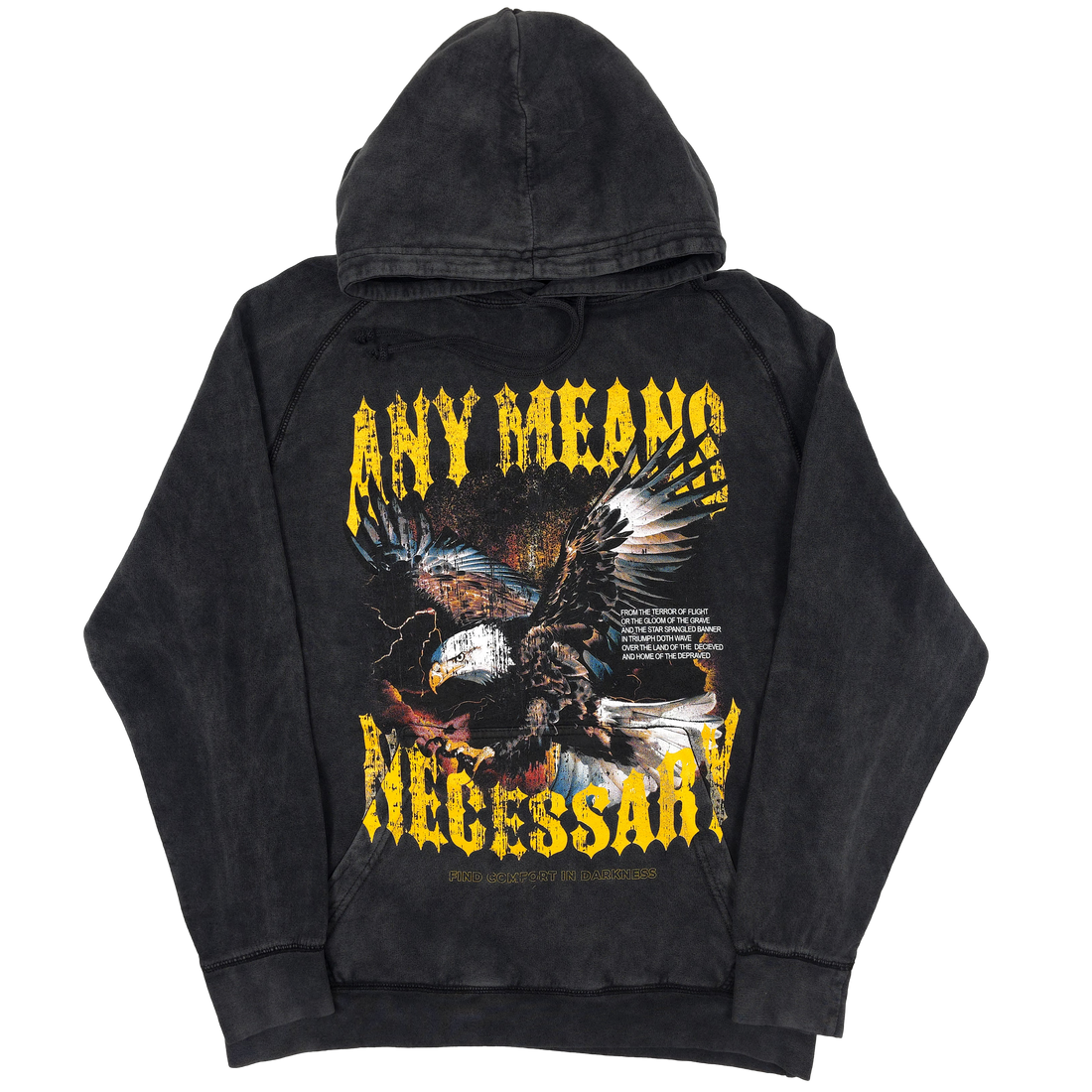 Black hoodie with distressed Depraved logo and vintage styling from Any Means Necessary Clothing, shown on a plain background.