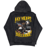 Black hoodie with distressed Depraved logo and vintage styling from Any Means Necessary Clothing, shown on a plain background.