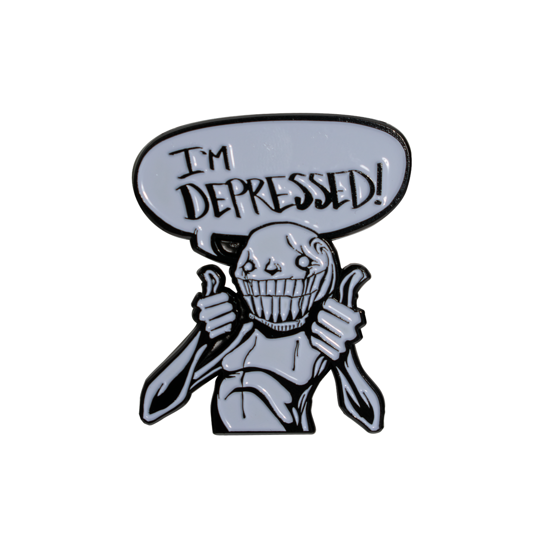 Depressed Enamel Pin by Any Means Necessary Clothing featuring a sad face design on a metal pin.