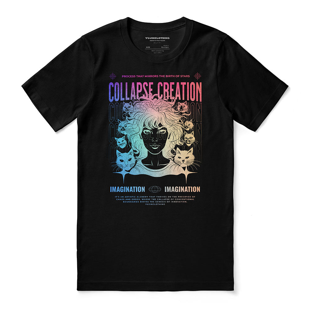 Yūjin Clothing Collapse Creation cat T-Shirt featuring a graphic design of a cat with a creative, artistic style on a casual T-shirt