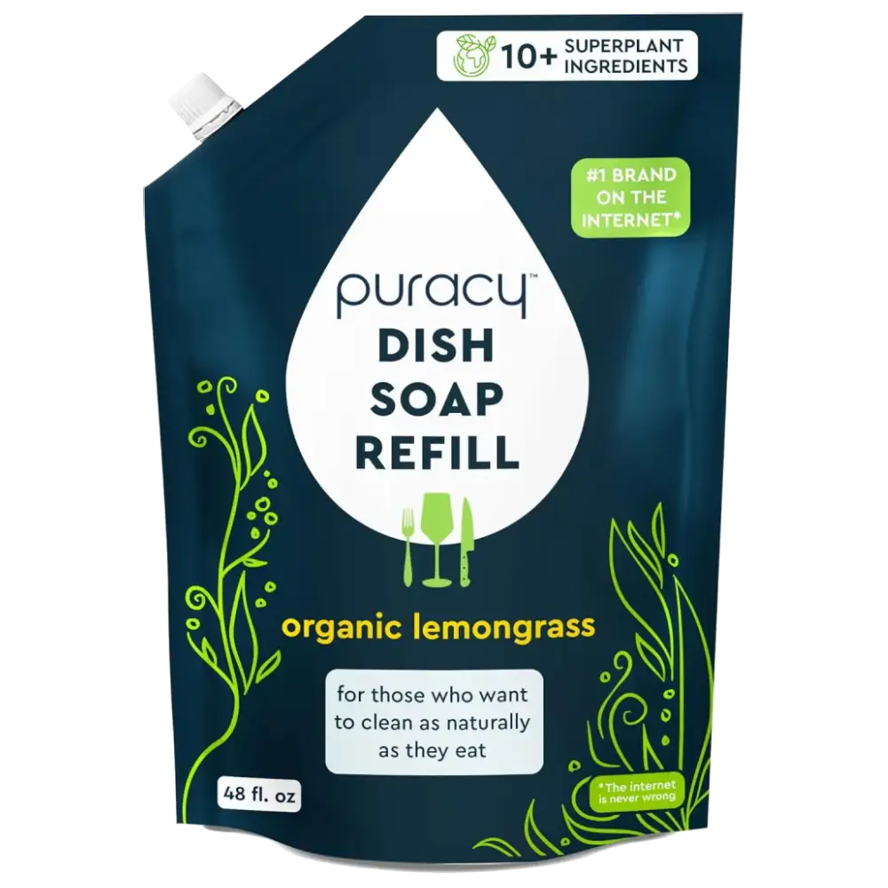 Puracy dish soap refill with organic lemongrass scent, featuring a clear bottle and label, suitable for eco-friendly kitchen use.