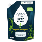 Puracy dish soap refill with organic lemongrass scent, featuring a clear bottle and label, suitable for eco-friendly kitchen use.