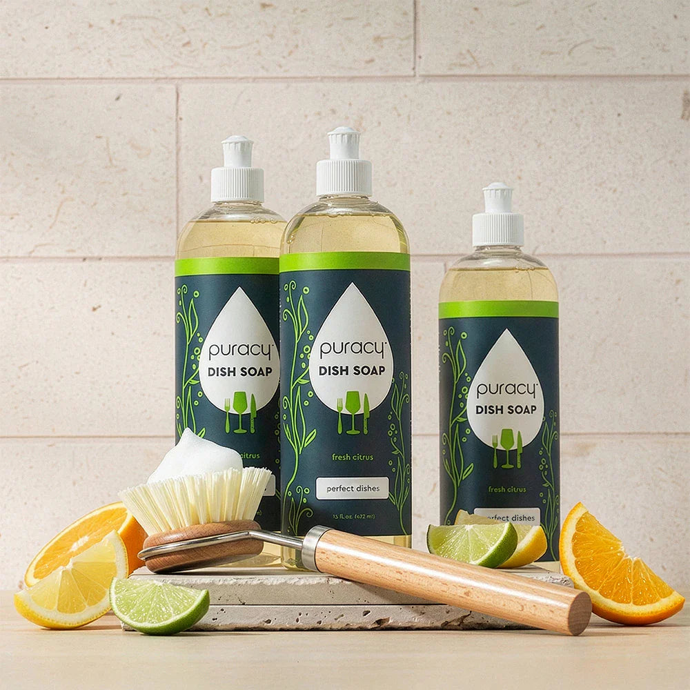 Puracy dish soap in a 16oz bottle, three-pack, showcasing the natural dish cleaning formula with a clear label and pump dispenser.