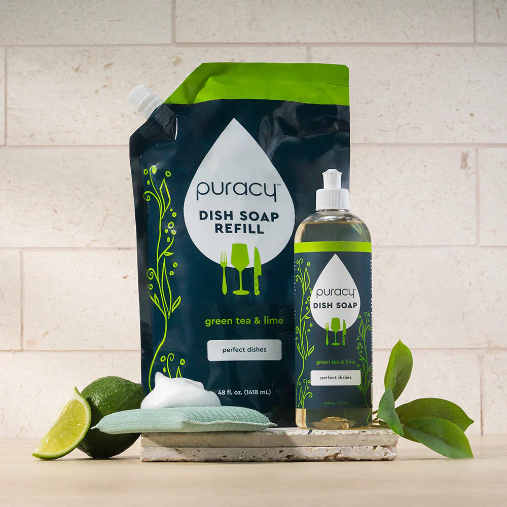 Puracy dish soap refill bottle with 16oz capacity, showcasing clear liquid soap and eco-friendly packaging.