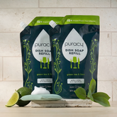 Puracy dish soap refill pack with two bottles, gentle and effective cleaning for dishes and kitchen use.