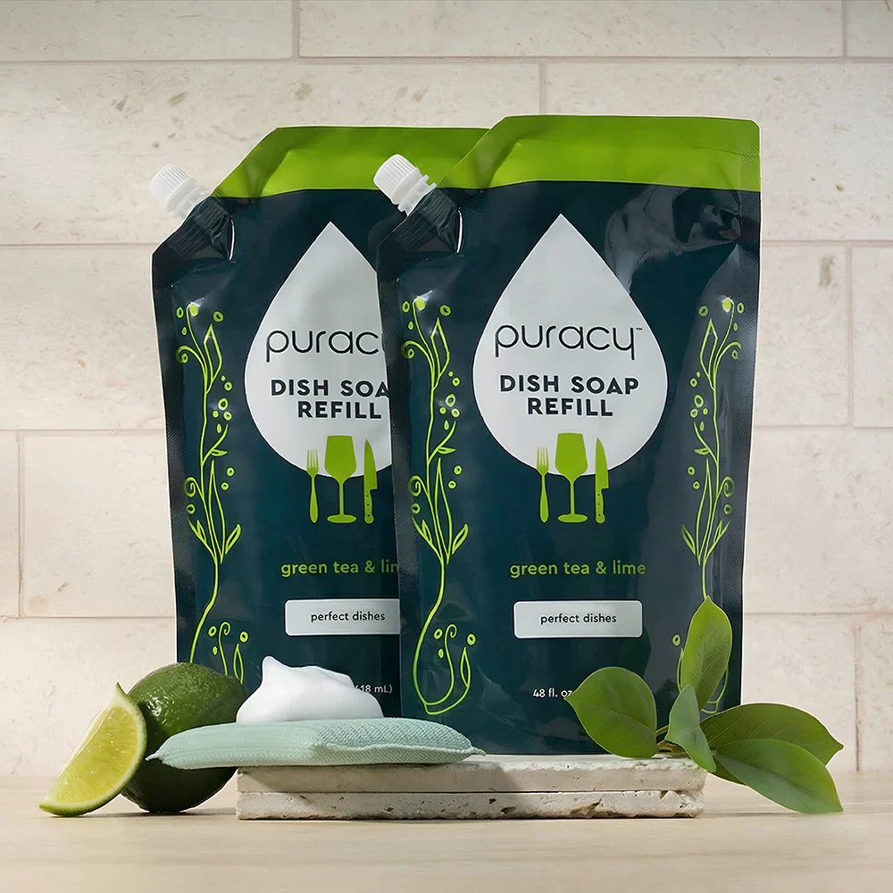 Puracy dish soap refill pack with two bottles, clear liquid dish soap for cleaning dishes and kitchenware.