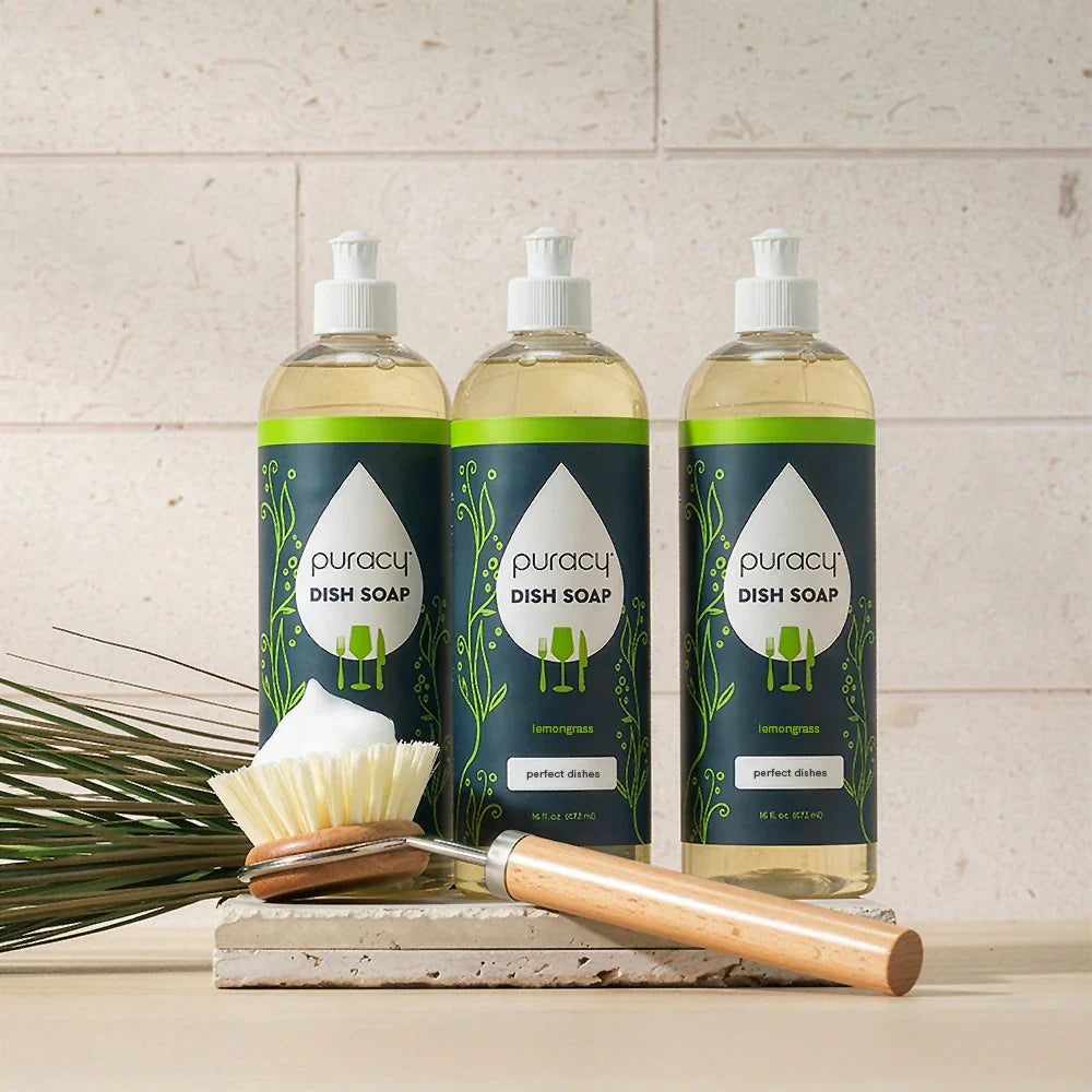 Puracy dish soap in a 16oz bottle, shown with a clear label, designed for hand washing dishes and kitchen cleaning.