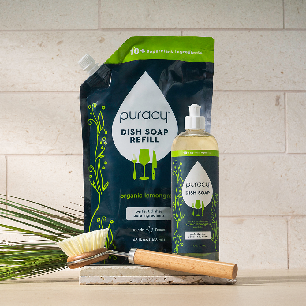 Puracy dish soap refill bottle, 16 oz, with natural plant-based cleaning formula and eco-friendly packaging.