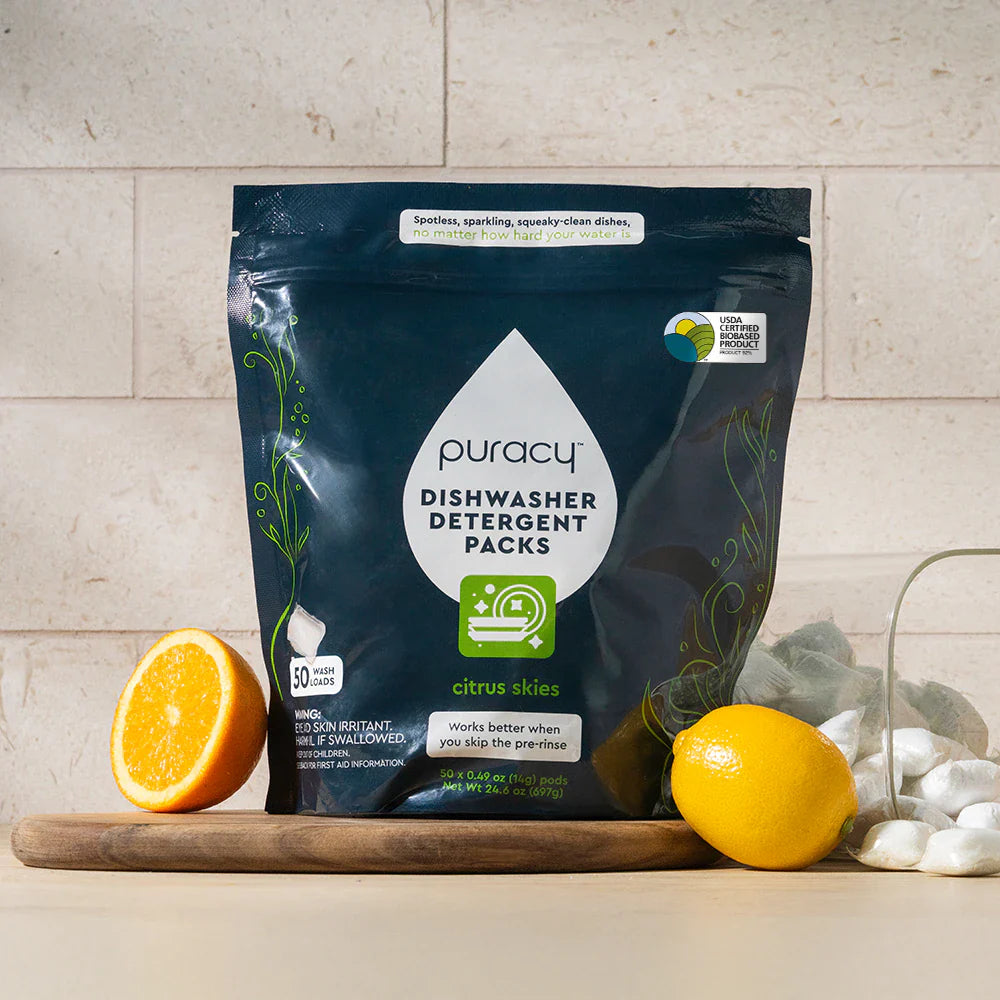 Puracy Citrus Skies dishwasher detergent pods in a 50-count package, showing the colorful pods with citrus scent.