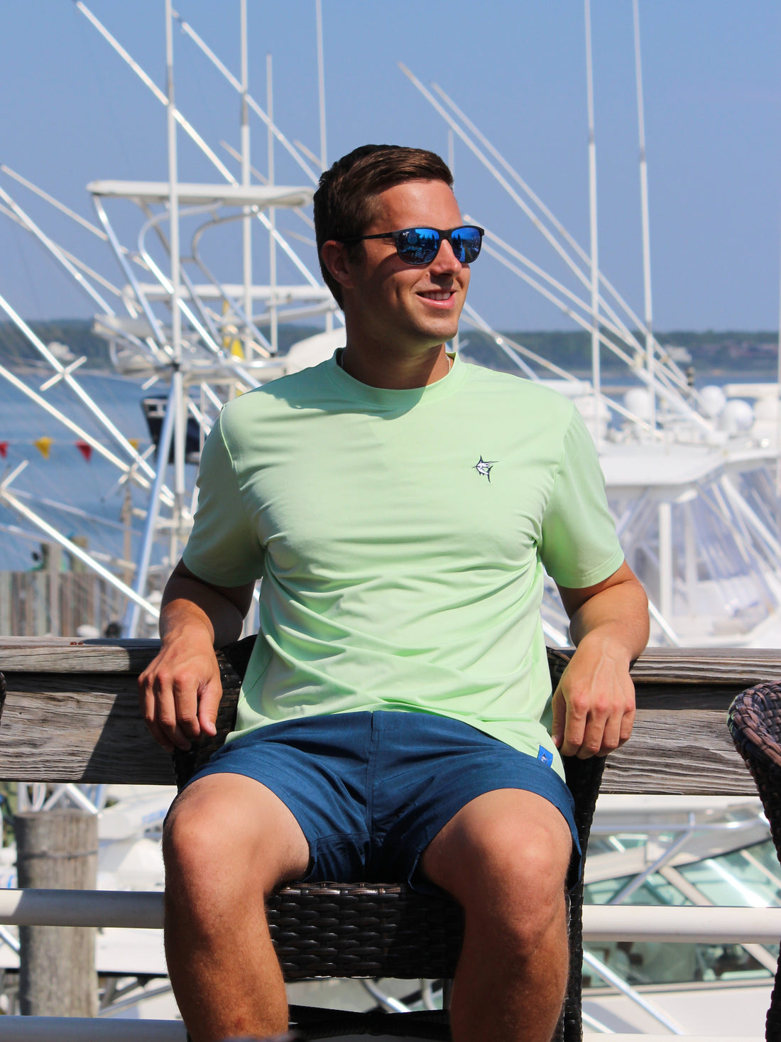 Green White Water Life Dockside Performance Tee with short sleeves, featuring a casual nautical design.