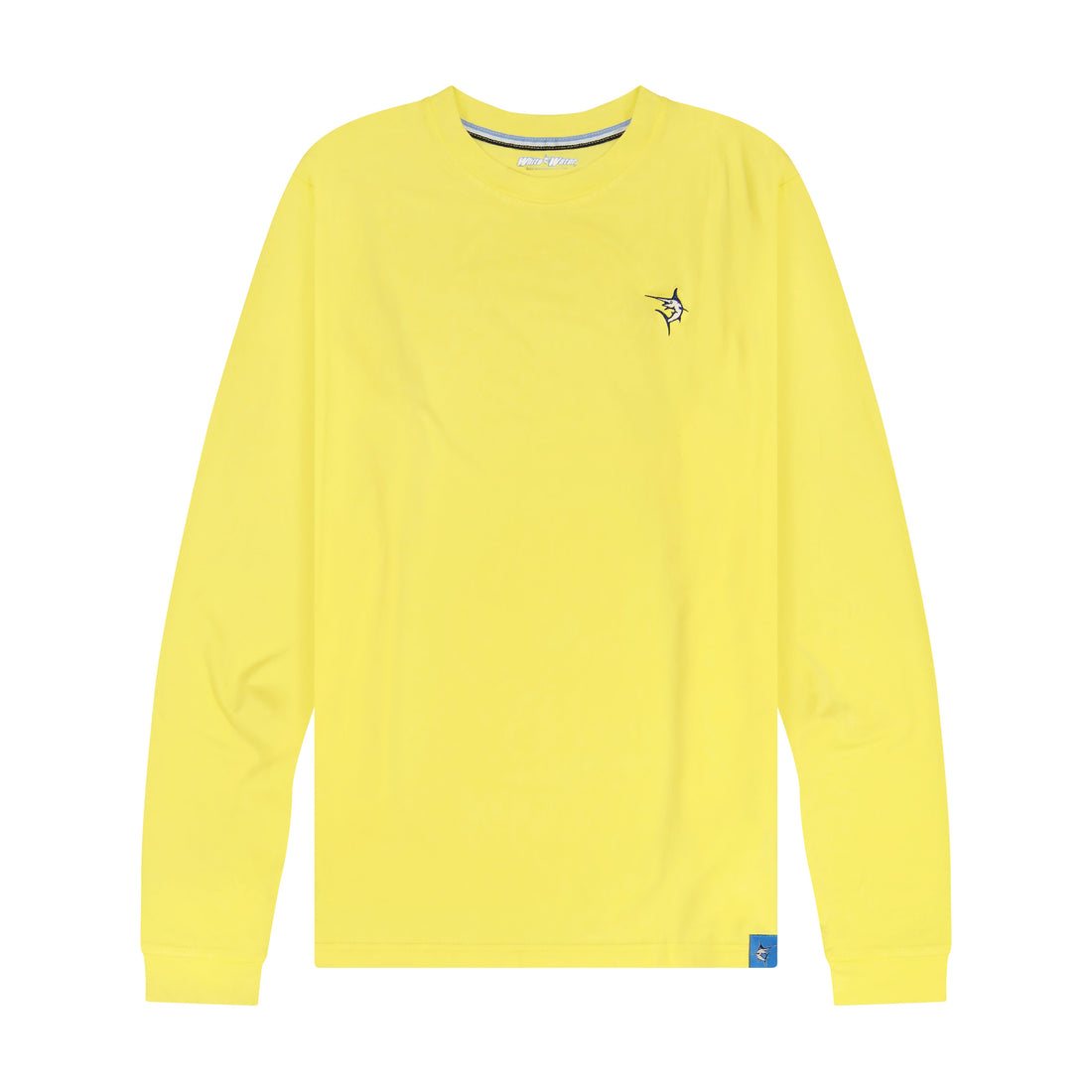 Yellow White Water Life Dockside Performance long sleeve shirt displayed on a hanger, showcasing its lightweight fabric and casual style.