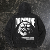 Black Dopamine Pullover Hoodie by Any Means Necessary Clothing, showing the back with vintage-style design and branding.