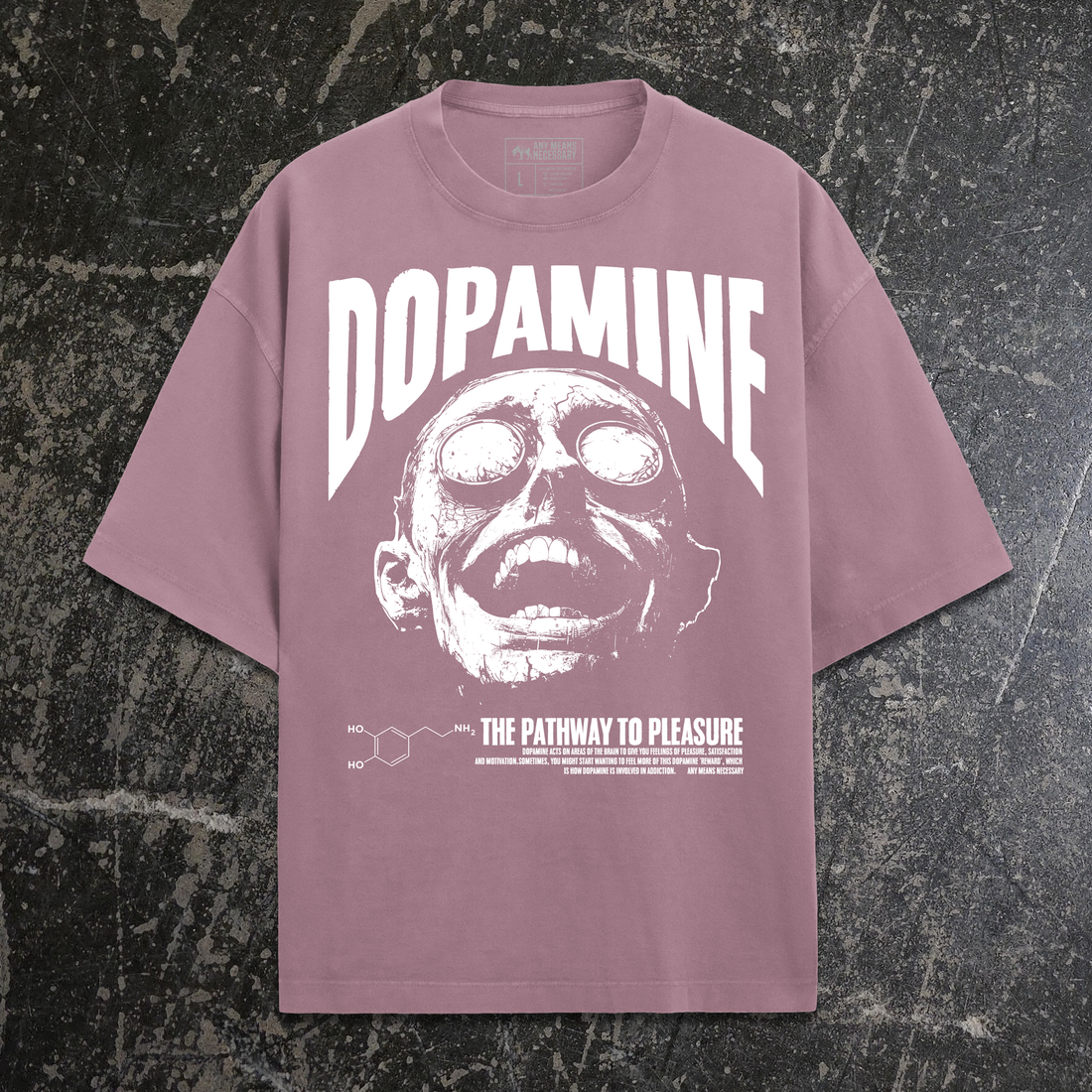 Front view of Any Means Necessary Clothing Dopamine T-Shirt in washed plum color, casual shirt with printed dopamine design.