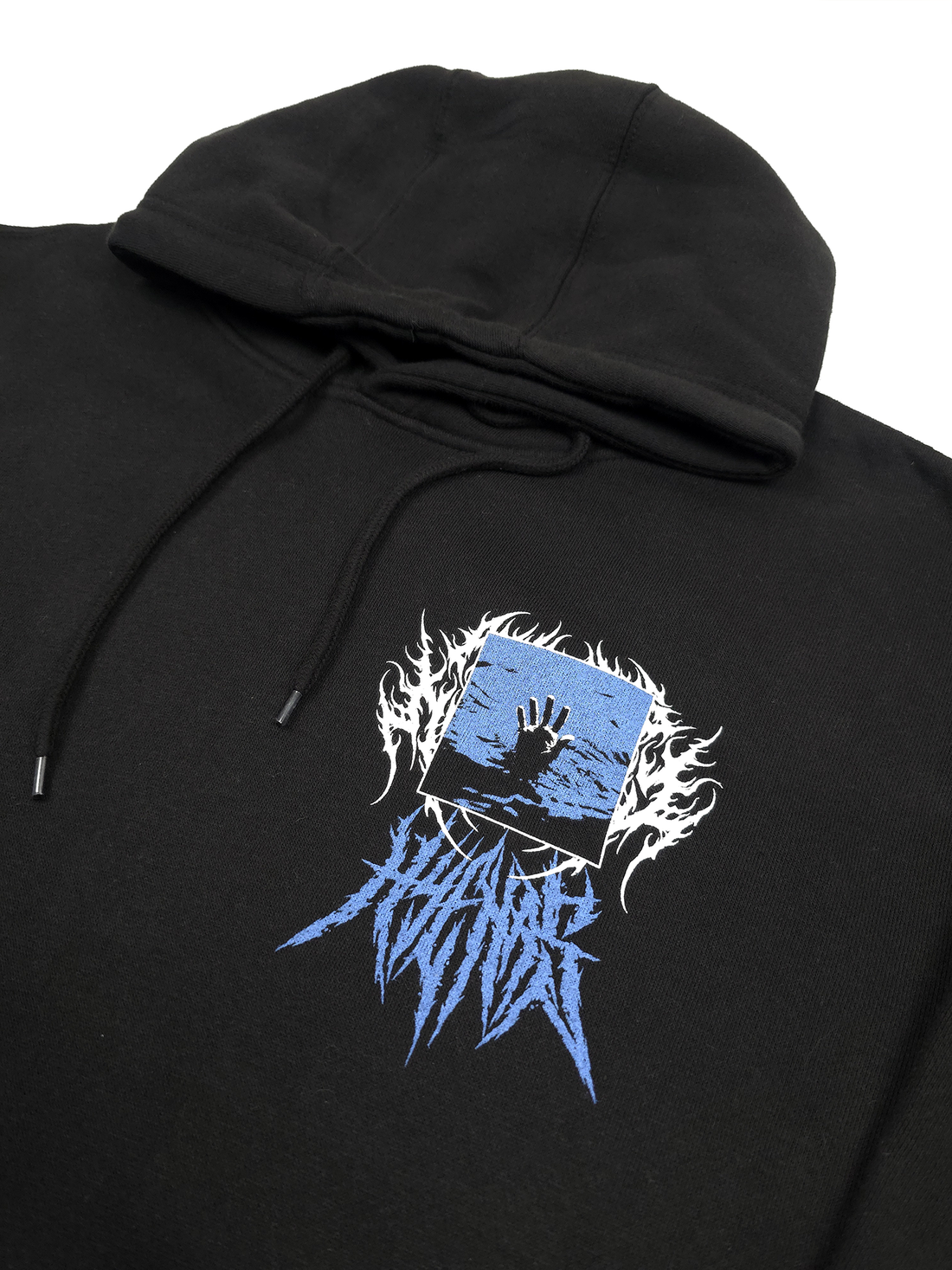 Black Drown pullover hoodie by Any Means Necessary Clothing, showing the front view with a focus on the hoodie’s design and fit.