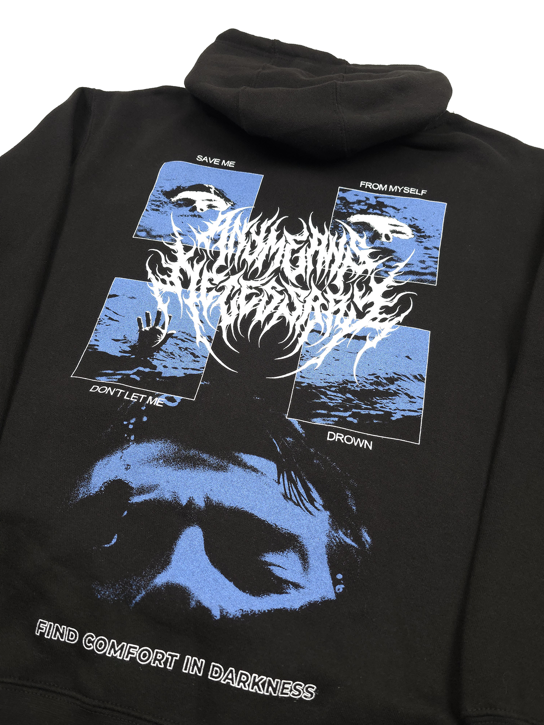 Black drown hoodie by Any Means Necessary Clothing, close-up of front view showing the hoodie’s design and fabric texture.