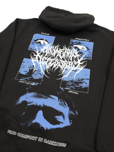 Black drown hoodie by Any Means Necessary Clothing, close-up of front view showing the hoodie’s design and fabric texture.