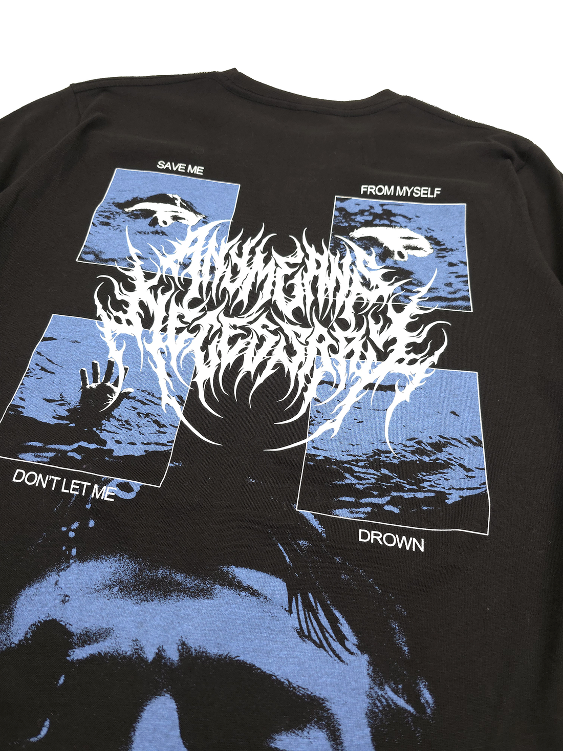 Black Drown T-Shirt by Any Means Necessary Clothing with a close-up view of the front design and fabric texture.